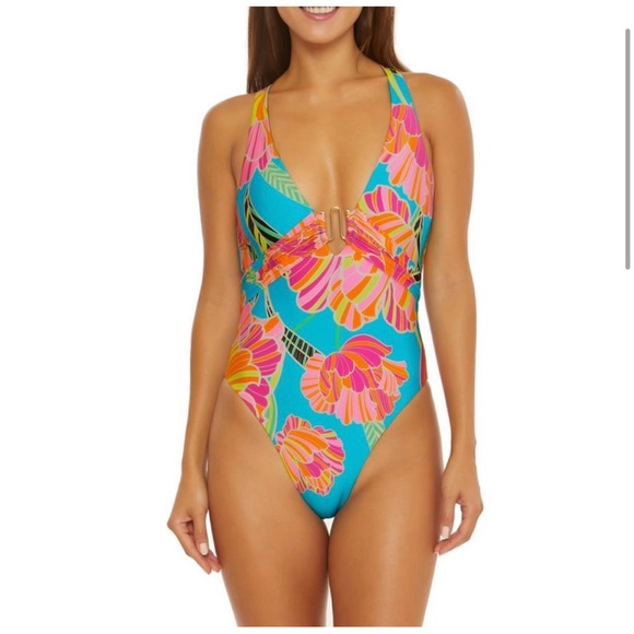 Trina Turk Poppy Plunge One- Piece Swimsuit in Floral Multi Size 10 - Picture 2 of 9